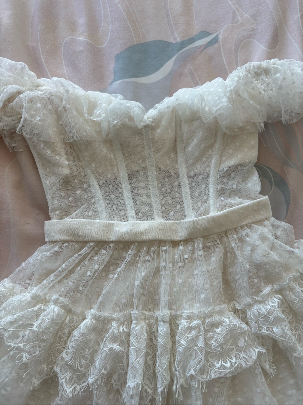 BCBGMaxAzria White Off-Shoulder Ruffled Tulle Dress - Picture 2 of 8
